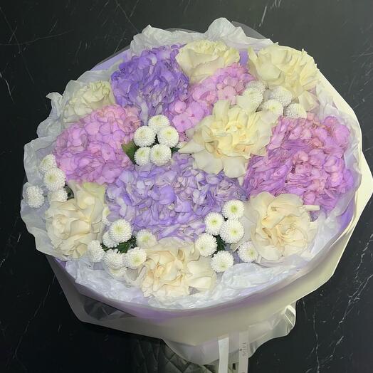 Lush purple bouquet with French rose, hydrangea and chrysanthemum