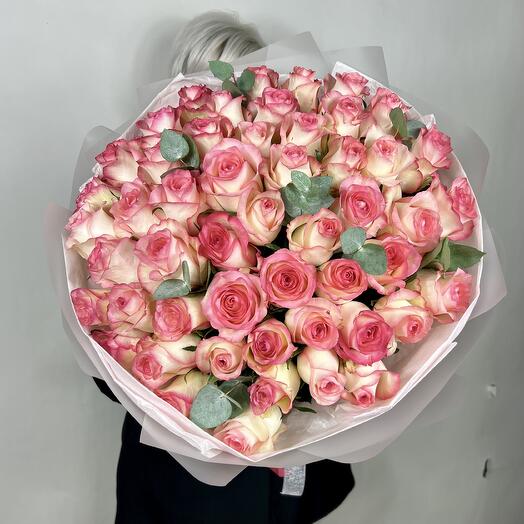 A huge bouquet of 51 fragrant roses with eucalyptus
