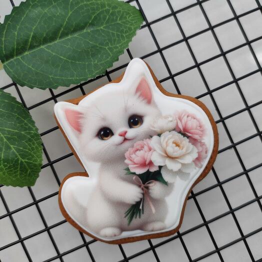 Пряник медово-имбирный "Котик с цветами"