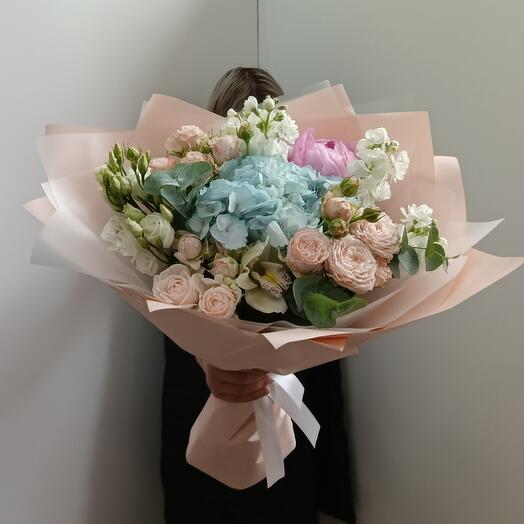 Bouquet, peony, bush rose, hydrangea, mattiola, eustoma