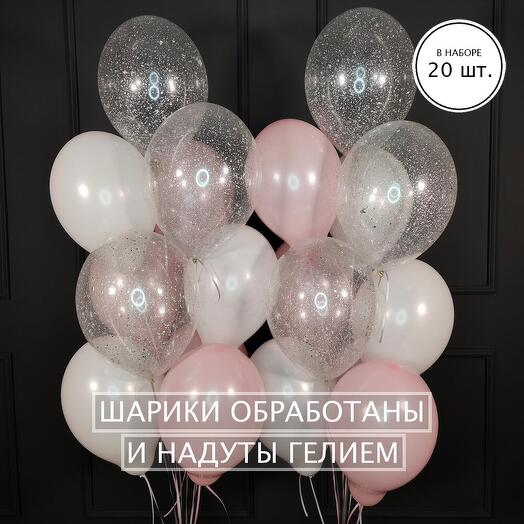Globos blancos y rosados y transparentes con lentejuelas plateadas
