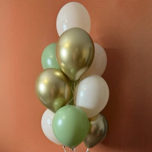 10 globos de oro, eucalipto y blanco
