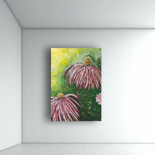Картина интерьерная фактурная Розовая эхинацея на зелёном