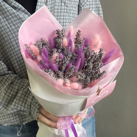Розовый букет с лагурусом и лавандой 💗