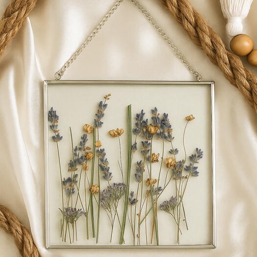 Арт. 421. Панно с лавандой и льном в стекле натуральные сухоцветы, подарок с душой