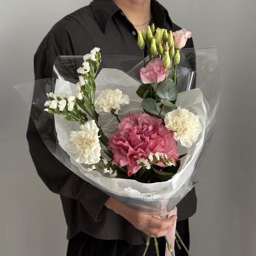 Букет Pink light — Роза французская, эустома, статика и гвоздики