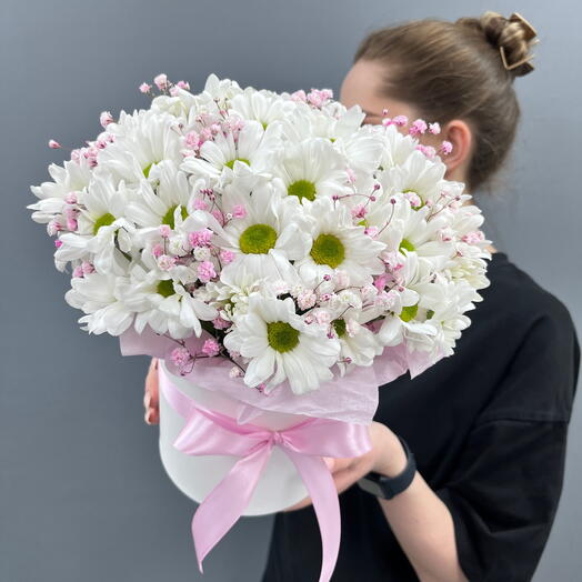 Композиция из хризантемы ромашка с гипсофилой в коробке