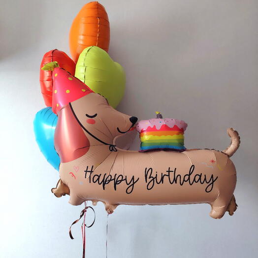 Воздушные шары такса в колпачке  на день рождения для ребенка , девушки , коллеги, happy birthday