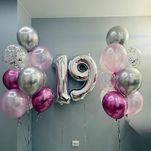 Воздушные шары 20 шт + 2 любые цифры в серебристом цвете 102 см, гелиевые шары на день рождения для девушки