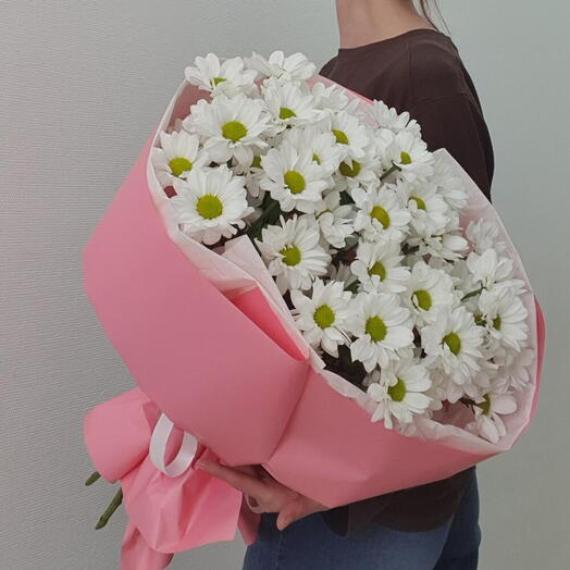 Шикарный круглый букет из белоснежных кустовых хризантем ромашек ( 9 веток)