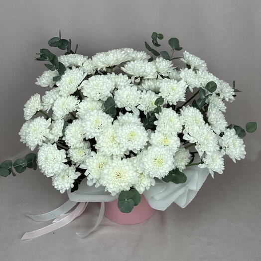 13 кустовых хризантем в шляпной коробке🤍💕
