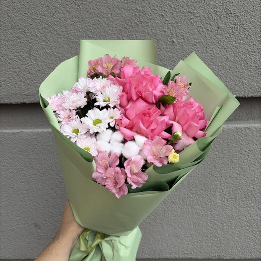 🤩 Букет «Сочный рассвет в мятной свежести» 🌸🌿☁️ французская роза, хризантема и альстромерия 🥰💕