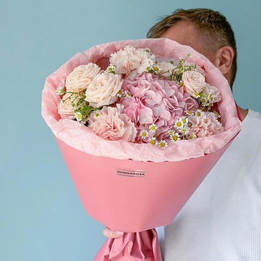Букет с гортензией, розой Бомбастик и ромашками «Розовый закат» 🌸🤍 40816