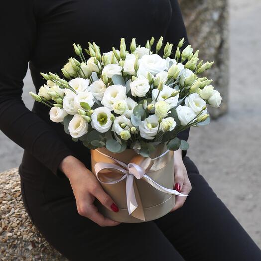 Box of white eustoma with eucalyptus "Mademoiselle"