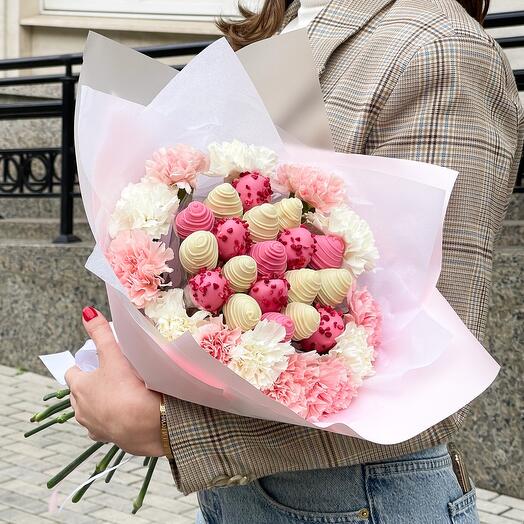 Ramo de 13 Dianthus y fresas cubiertas de chocolate (19 piezas)