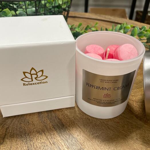 Soy Wax Candle Peppermint Cream 10 oz in Big Glass Jar and Giftable Box