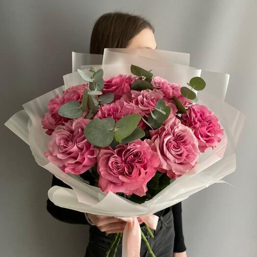 Bouquet of peony-shaped roses and eucalyptus