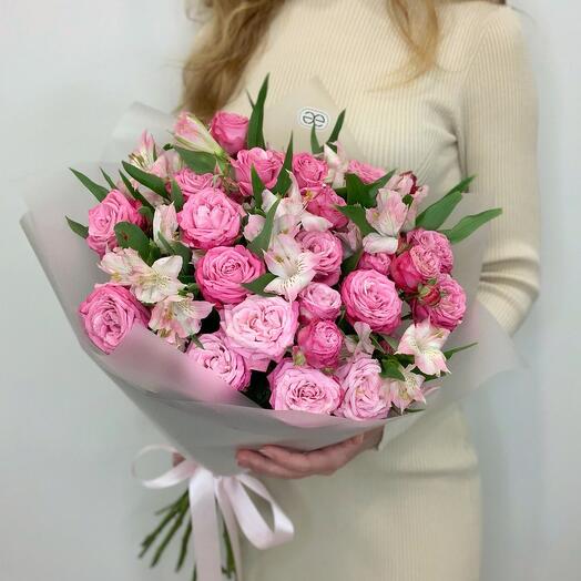 Дуобукет из ярко-розовых пионовидных кустовых роз "Леди Бомбастик" и розовых альстромерий 6|5