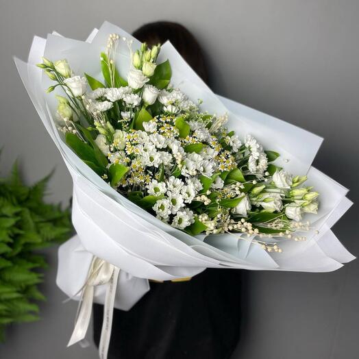 Букет из Ромашки, Сантини, Лён, Эустома