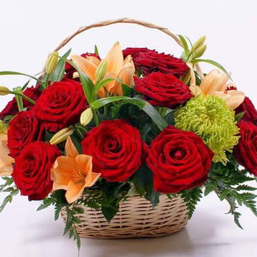 Mini Garden: 2 Stems Lilies, 30 Red Roses, 3 Deco with Seasonal Greens