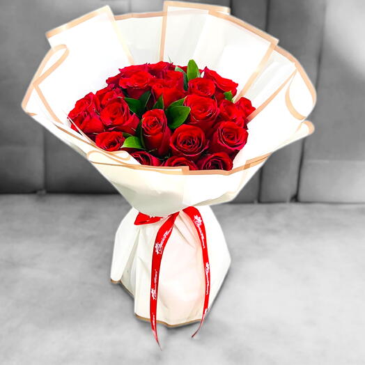 25 Red Roses with Ruscus in Elegant White Wrap – Valentine s Special