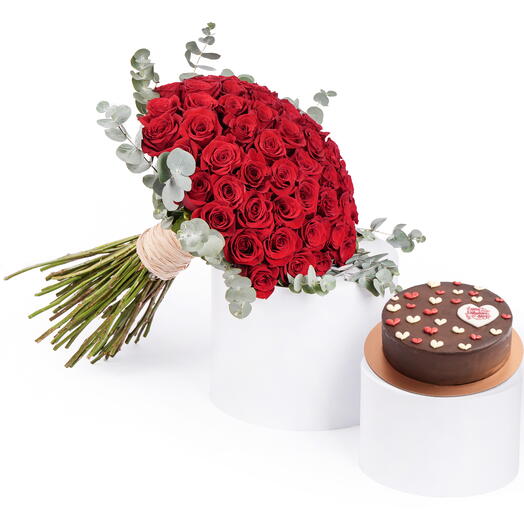 50 Roses Bouquet with Valentine s Chocolate Cake Combo