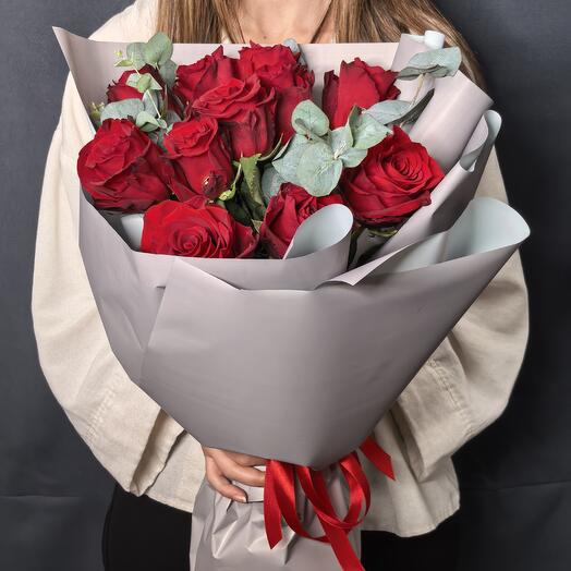 Mono bouquet of red roses and eucalyptus