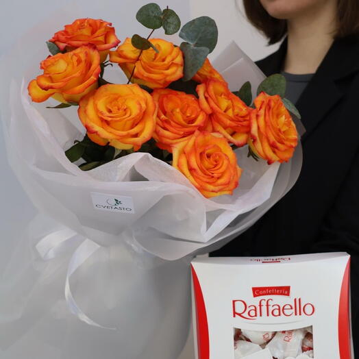 Fiery roses with eucalyptus and sweets