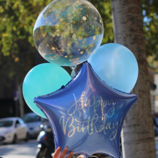 Bouquet de 4 Globos con Helio – «Happy Birthday Tonos Azules»
