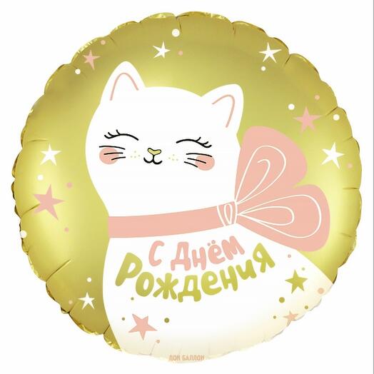 Шар круг фольгированный 46см с кошкой на день рождения девочке, дочке- 1шар
