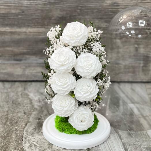 «Вне времени» композиция из семи роз в колбе -живет 5 лет /32 см