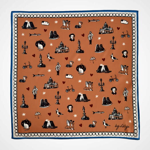 Шелковый платок «Символы Петербурга» 45х45, коричневый