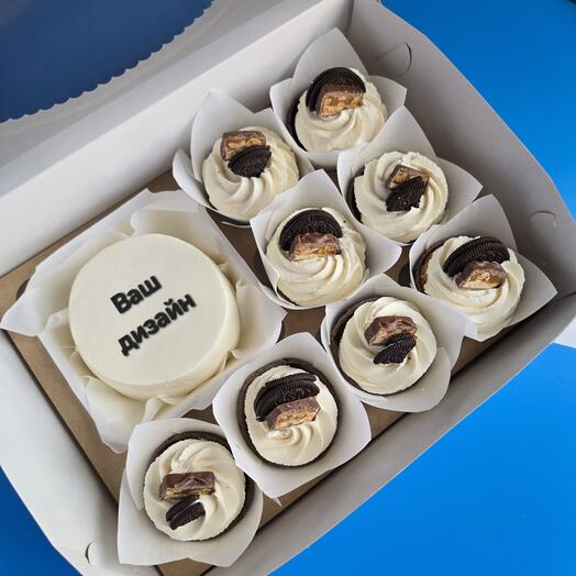Set of large bento cake "Your design" and 8pcs cupcakes for birthday, anniversary, office for boyfriend, husband, dad, brother, son