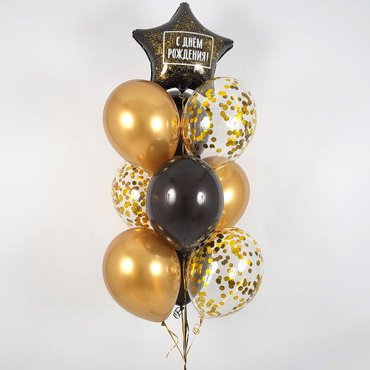 Fountain of balloons Happy Birthday! for men, for a husband, for a dad. Balls in black and gold style
