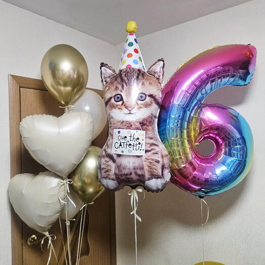 Бежевые и золотые шары хром и кошка,котик,котенок на 6лет дочки, девочки-9шаров