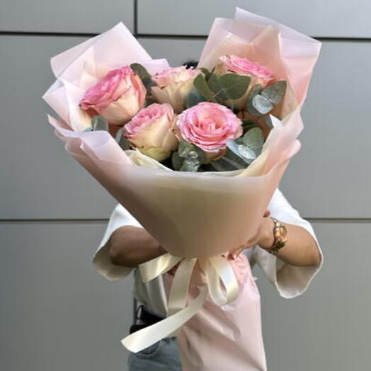Монобукет из пион роз сорта Esperance с ароматным эвкалиптом 💞💐