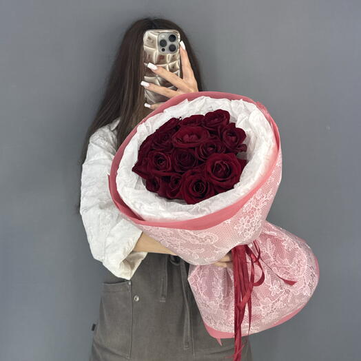 Монобукет🌹 Бордовая Роза Ред Наоми 15 шт