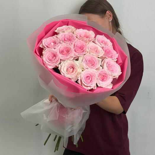 Розовые Пионовидные розы 15 штук