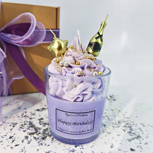 Свеча ручной работы happy birthday с декором шампанское