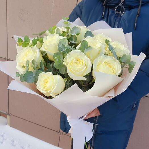 11 roses with eucalyptus