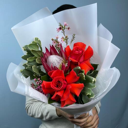 Author's bouquet with protea, French rose