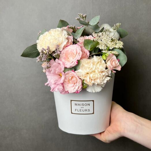 Flowers in a white MAXI box, with bush rose, dianthus and eucalyptus