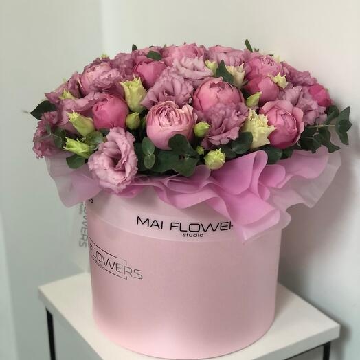 A box of peony-shaped Silva and eustoma roses