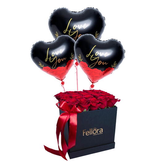 25 Red Roses Box And Love You Balloons