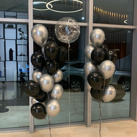 2 набори: 15 хромованих срібних, 15 латексних чорних + 1 повітряна кулька з принтом та конфетті