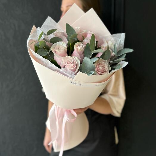 Mono bouquet of delicate Pink Mondial roses with eucalyptus