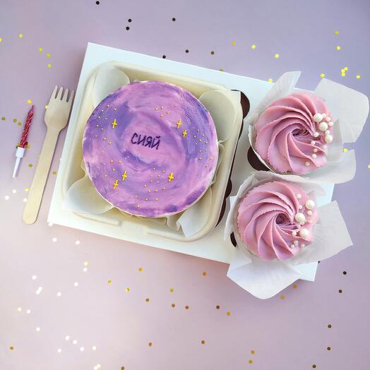 Women's gift set of vanilla cupcakes and a bright "Shine" cake