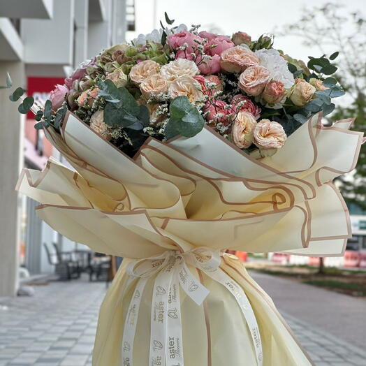 Elegant Cream and Pink Mix Bouquet: Hydrangea, Roses, Spray Roses, and Eucalyptus