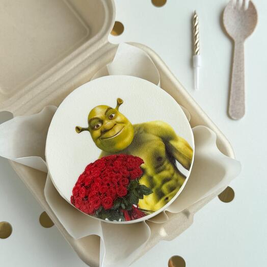Pastel de Bento Shrek con ramo