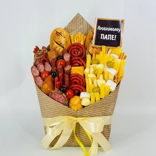 An edible bouquet of sausages and ying Yang cheese as a gift to my beloved dad